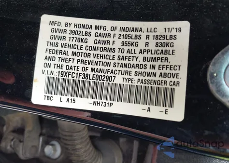 2020 Honda Civic Ex from USA, damaged, VIN 19XFC1F38LE002907